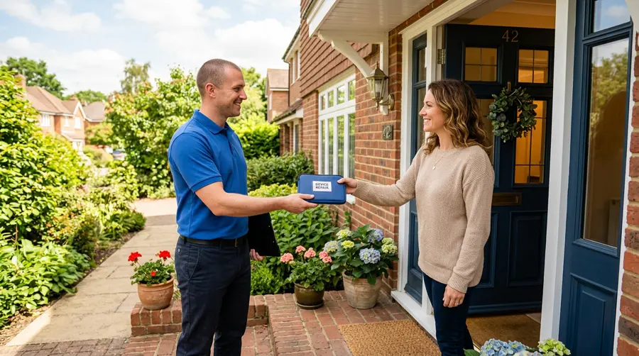 Courier picking up a phone for repair from a customer’s home
